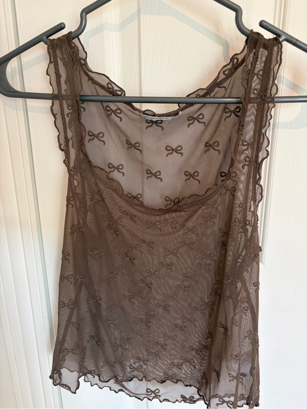 American Eagle Outfitters Brown Bow-Embroidered Sheer Mesh Camisole